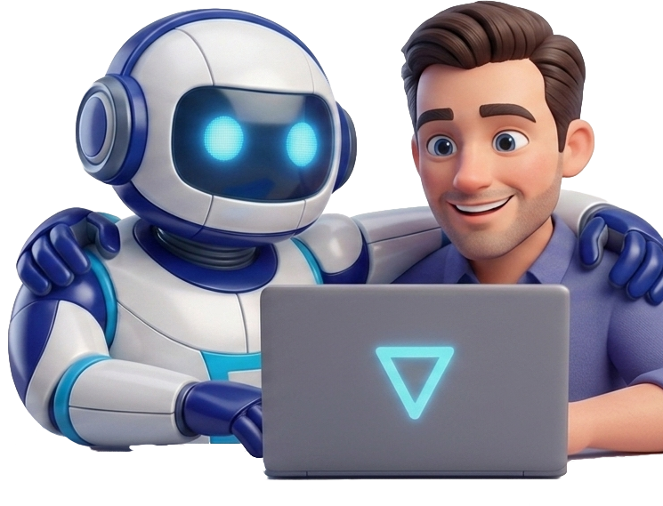 An illustration of a person working at a laptop alongside a friendly robot